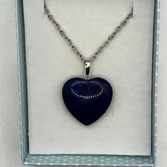 Genuine Lapis Lazuli Gemstone HEART Pendant 18 inch Stainless Steel Chain - Picture 15 of 16
